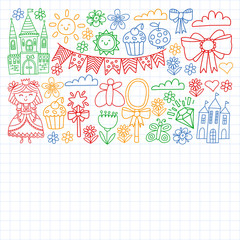 Princess illustration for happy birthday party. Children illustration. Vector pattern for little girls.