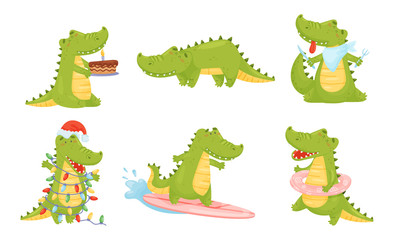 Toothy Friendly Crocodile Surfboarding and Decorating Himself with Fairy Lights Vector Set