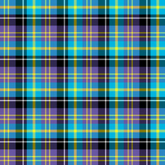 Seamless pattern in interesting bright violet, yellow, black and blue colors for plaid, fabric, textile, clothes, tablecloth and other things. Vector image.