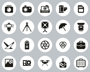 Photography Equipment Icons Black & White Flat Design Circle Set Big