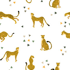 Seamless pattern with wild cats Cheetahs in different poses and triangle dots accents on white backdrop. Great for wrap paper, wallpapers, web page, surface design textile