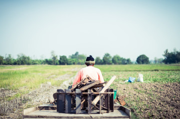 Fototapeta na wymiar farmer driving tractor in a farm, career life of Thailand