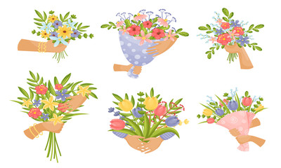 Hands Holding Bunches of Showy Flowers Vector Set