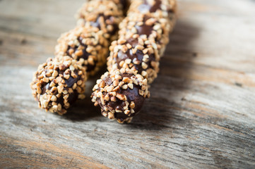 Dango chocolate ball of dessert food on wooden closeup