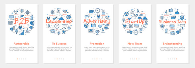 Vector five vertical banners - business partnetship, b2b, leadership and brainstorming