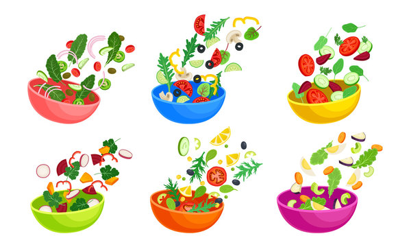 Chopped Vegetable Salad Ingredients Falling Down in the Bowl Vector Set