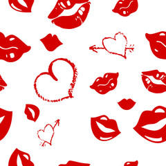 Seamless lips and heart shapes pattern on white, love concept, vector illustration