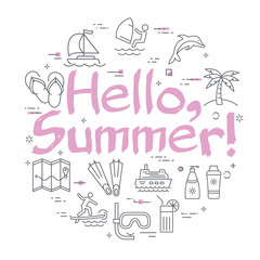 Vector colorful icons of summer time banner with text Hello Summer
