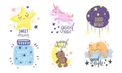 Cute Pictures with Good Night and Sweet Dreams Inscriptions Vector Set