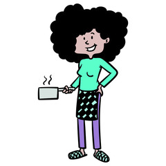 a southern housewife with black curly hair is holding a saucepan in her hand and is wearing an apron. comic, whole body, illustration.