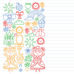 Princess illustration for happy birthday party. Children illustration. Vector pattern for little girls.