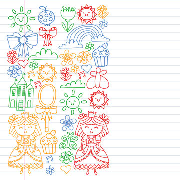 Princess illustration for happy birthday party. Children illustration. Vector pattern for little girls.