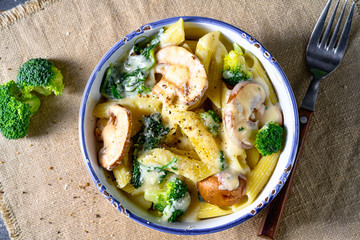 Real pasta with mushrooms, spinach and broccoli
