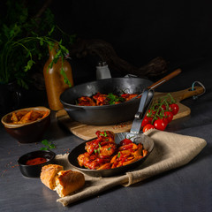 Rustic chicken wings in honey with potato wedges