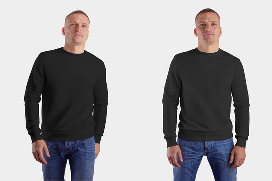 Template casual black heather on a sporty man in blue jeans, hands down, front view, isolated on background.