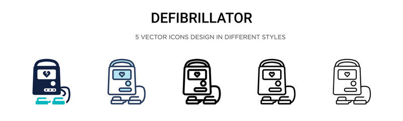 Defibrillator icon in filled, thin line, outline and stroke style. Vector illustration of two colored and black defibrillator vector icons designs can be used for mobile, ui, web - obrazy, fototapety, plakaty