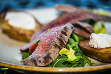 The food in the restaurant. Food styling and restaurant meal serving. Gourmet restaurant menu concept. Creative stylist restaurant