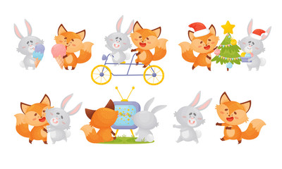 Humanized Fox and Hare Engaged in Different Activities Vector Set