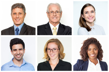 Fototapeta premium Happy positive mix aged business leaders isolated portrait set. Smiling men and women of different races and ages multiple shot collage. Business people concept