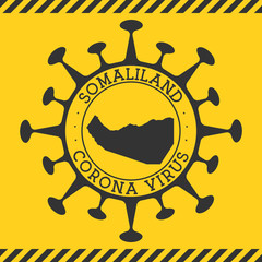 Corona virus in Somaliland sign. Round badge with shape of virus and Somaliland map. Yellow country epidemy lock down stamp. Vector illustration.