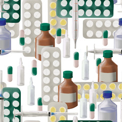 Fototapeta premium Medicines seamless pattern. Pharmacy concept. Epidemic and pandemic. Medical treatment. Bottles tablets pills and vaccines. Syringe and ampoules. Buy medicines. Package design