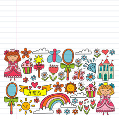 Fototapeta premium Princess illustration for happy birthday party. Children illustration. Vector pattern for little girls.