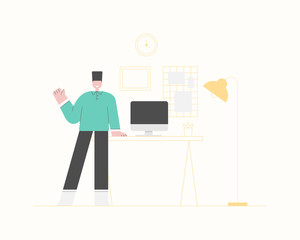 A freelancer man working at home. Work from home concept. Smart working online. Home office workplace.