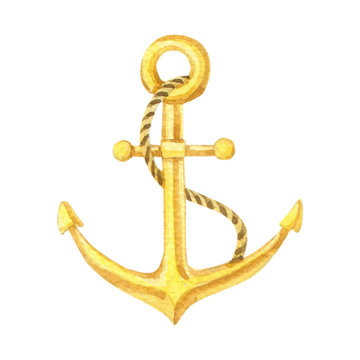 Watercolor yellow anchor on a white background. Watercolour isolated image on a marine theme.