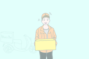 Happy delivery man holding cardbroad box with something when your shopping online and they shipping to you.Hand drawing vector.