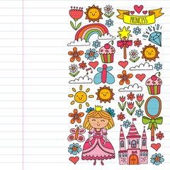Obraz na płótnie Canvas Princess illustration for happy birthday party. Children illustration. Vector pattern for little girls.