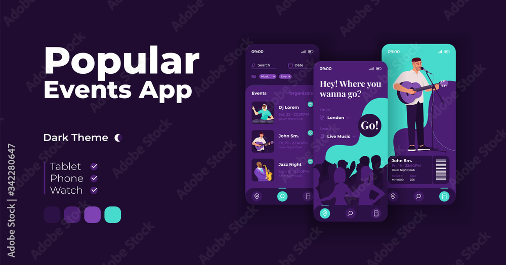 Poster popular events app cartoon smartphone interface vector templates set. mobile app screen page night m