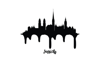 Zurich Switzerland black skyline silhouette vector illustration on white background with dripping ink effect.