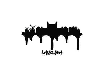 Amsterdam Netherlands black skyline silhouette vector illustration on white background with dripping ink effect.