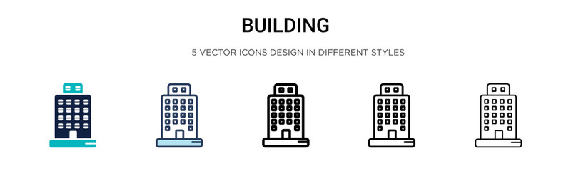 Building icon in filled, thin line, outline and stroke style. Vector illustration of two colored and black building vector icons designs can be used for mobile, ui, web
