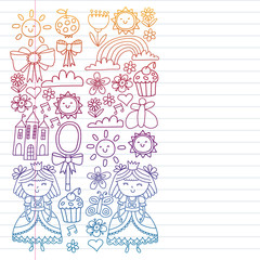 Princess illustration for happy birthday party. Children illustration. Vector pattern for little girls.