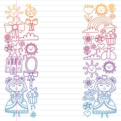 Princess illustration for happy birthday party. Children illustration. Vector pattern for little girls.