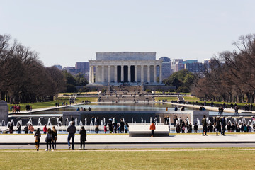Spring view of the Abraham Lincoln Memorial in the distance with the Reflecting Pool & National...