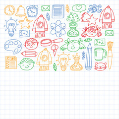 Back to school icons for posters, banners, covers. Kids, children education. Internet lessons, e-learning, online course. Vector pattern.