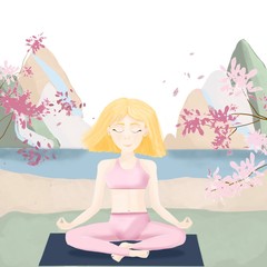 A drawn young woman practices yoga in nature. Conceptual drawing about yoga in nature.