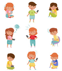 Little Kids with Smartphones and Frustrating Expression on Their Faces Vector Illustrations Set