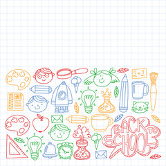 Back to school icons for posters, banners, covers. Kids, children education. Internet lessons, e-learning, online course. Vector pattern.