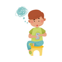School Boy Sitting on Chair and Holding Smartphone Vector Illustration