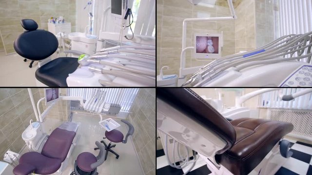 equipment for dental clinic in office, interior view, four collage images
