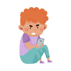 Little Angry Boy Sitting and Holding Smartphone Vector Illustration