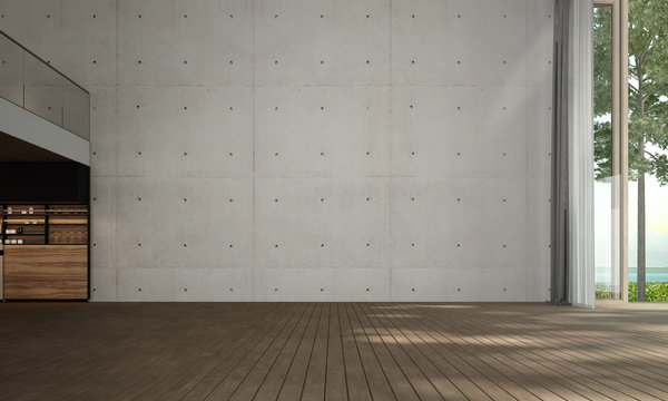 Modern tropical empty living room interioir design and double space area and concrete wall background and sea view