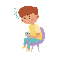Little Angry Boy Sitting and Holding Smartphone Vector Illustration