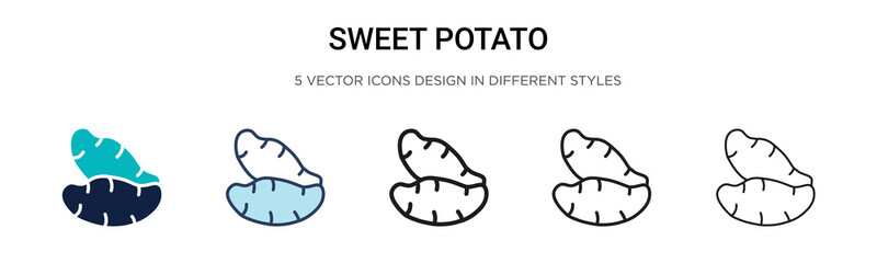 Obraz premium Sweet potato icon in filled, thin line, outline and stroke style. Vector illustration of two colored and black sweet potato vector icons designs can be used for mobile, ui, web
