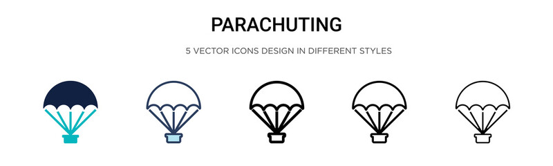 Parachuting icon in filled, thin line, outline and stroke style. Vector illustration of two colored and black parachuting vector icons designs can be used for mobile, ui, web - obrazy, fototapety, plakaty