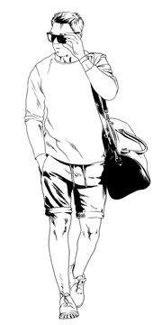 adult guy athlete with a sports bag on his shoulder, ink sketch