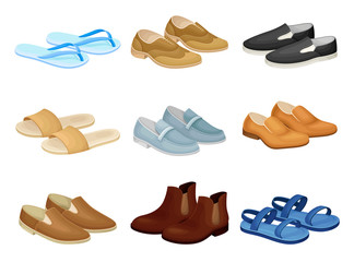 Men Shoes and Sandals Made of Leather and Textile Vector Set